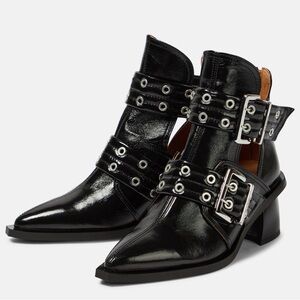 NWT Ganni Double Wide Welt Buckle Cutout Ankle Boots in Black Faux Patent